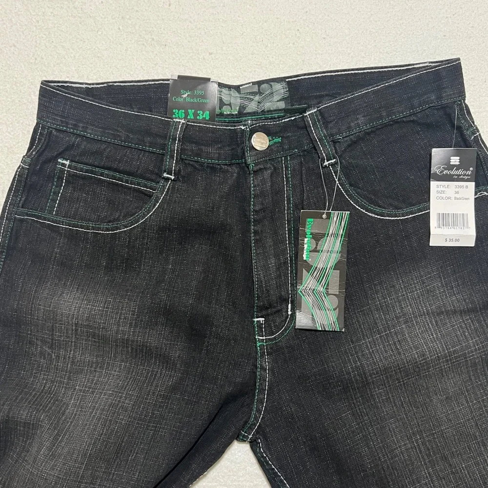 Evolution In Design Mens Black Green Contrast Stitch Jeans 36x34 NWT